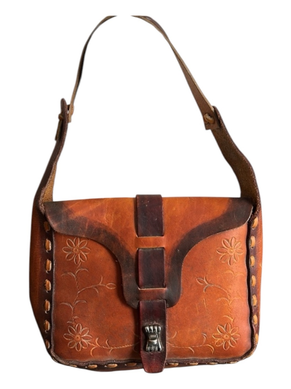 Vintage Tooled Leather Boho Hippie Shoulder Bag Brown Floral Purse Handcrafted